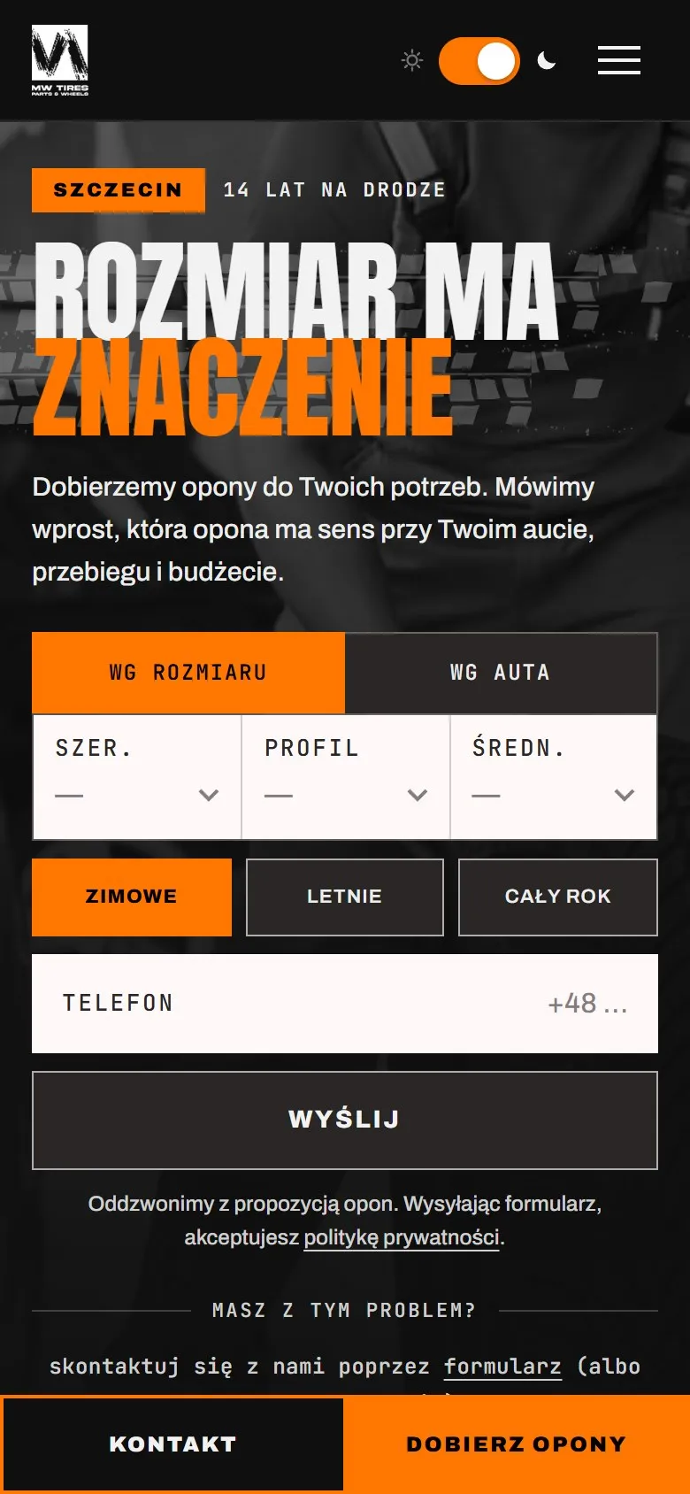 Strona mwtires.pl na telefonie: pierwszy ekran
